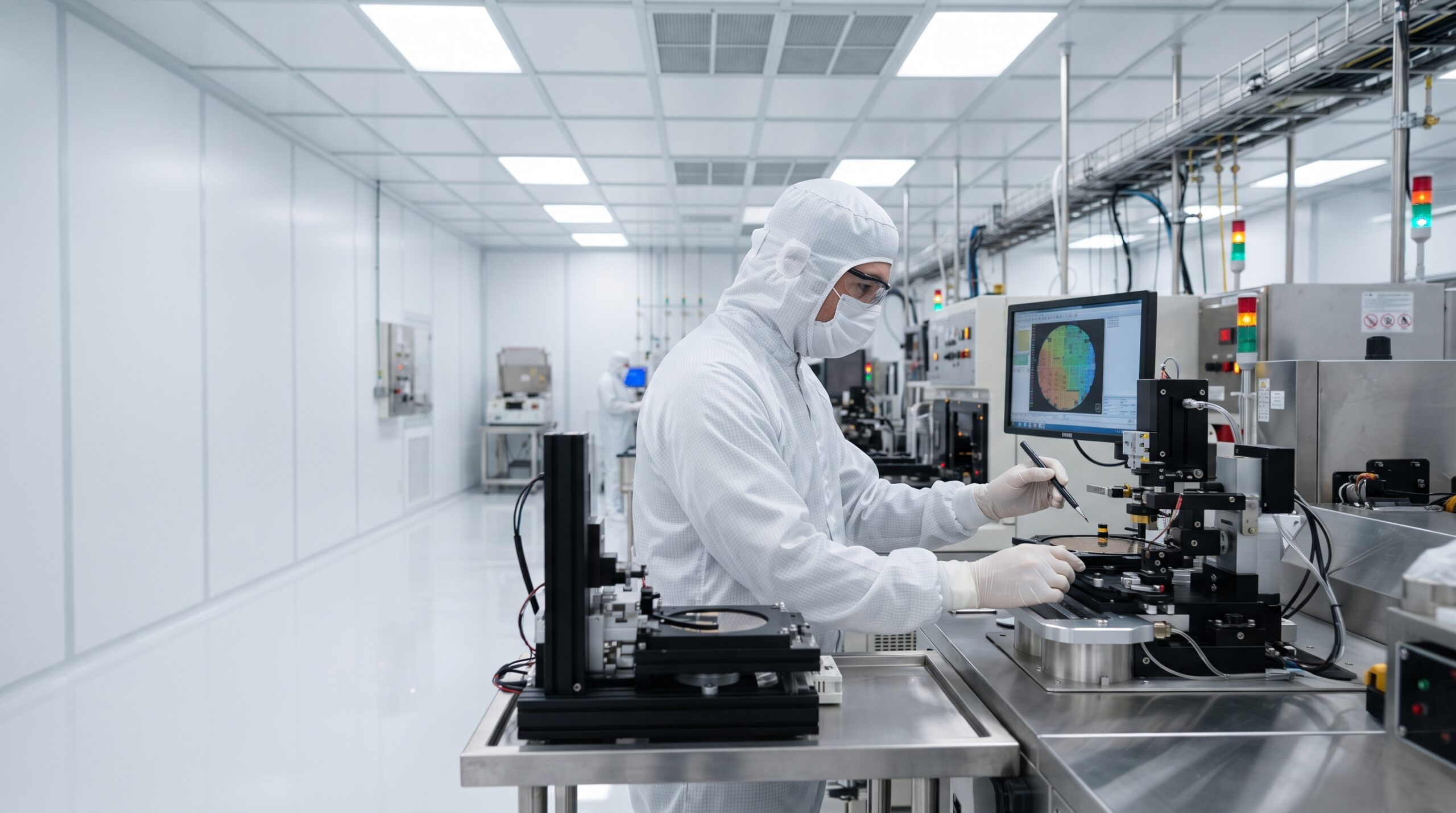 Technician in protective gear performing certified maintenance inside a controlled cleanroom environment