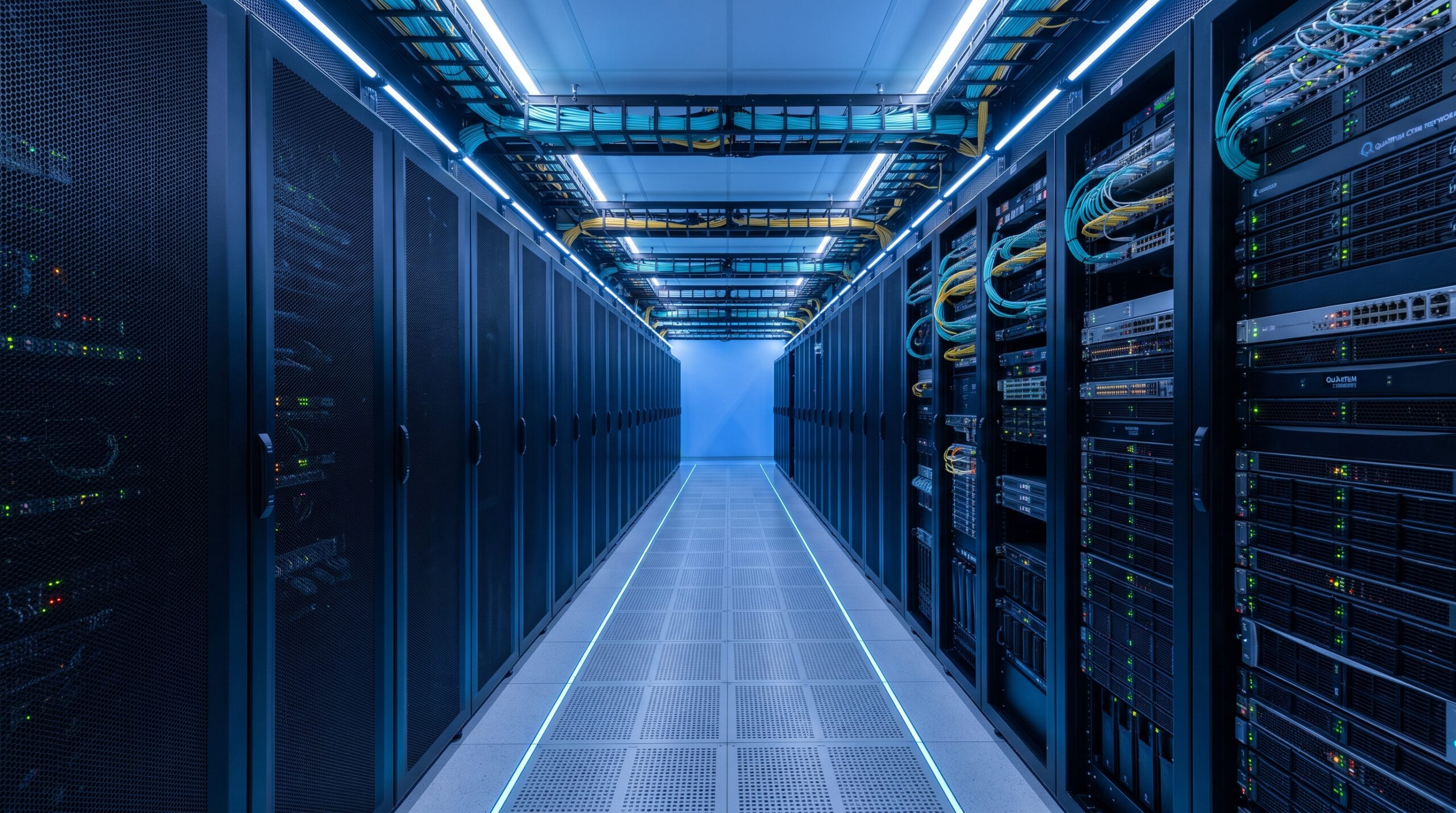 Server aisle view of a mission-critical data center ensuring continuous uptime and operational safety