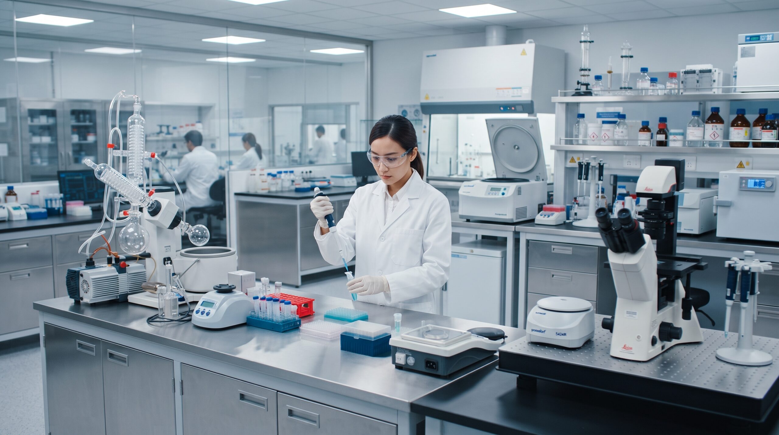 Research scientist conducting precision testing and contamination control in a modern laboratory facility